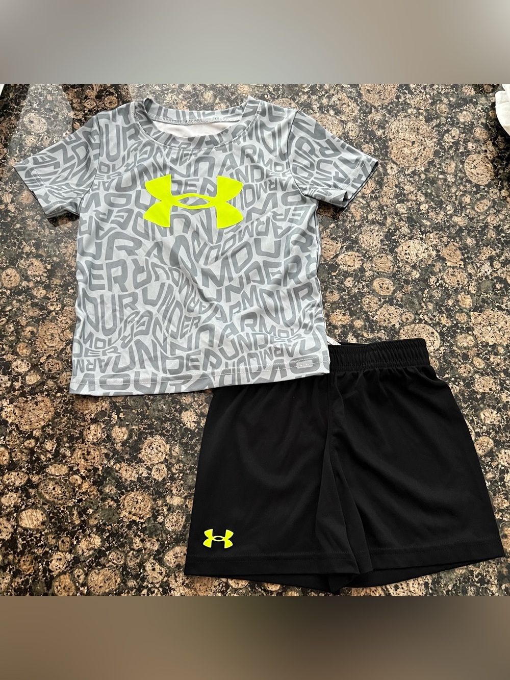Under Armour Gray Graphic Tee & Black Shorts with Neon Yellow Logo